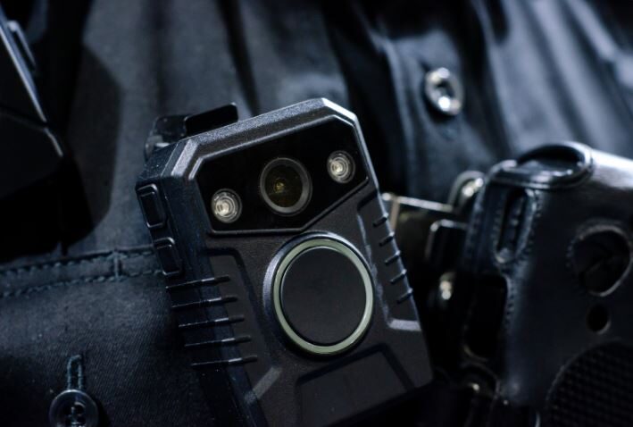 closeup of a body cam on a police officer